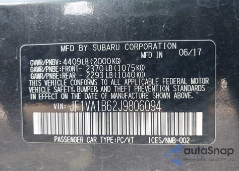 2018 Subaru Wrx Premium из США, поврежденный, VIN JF1VA1B62J9806094